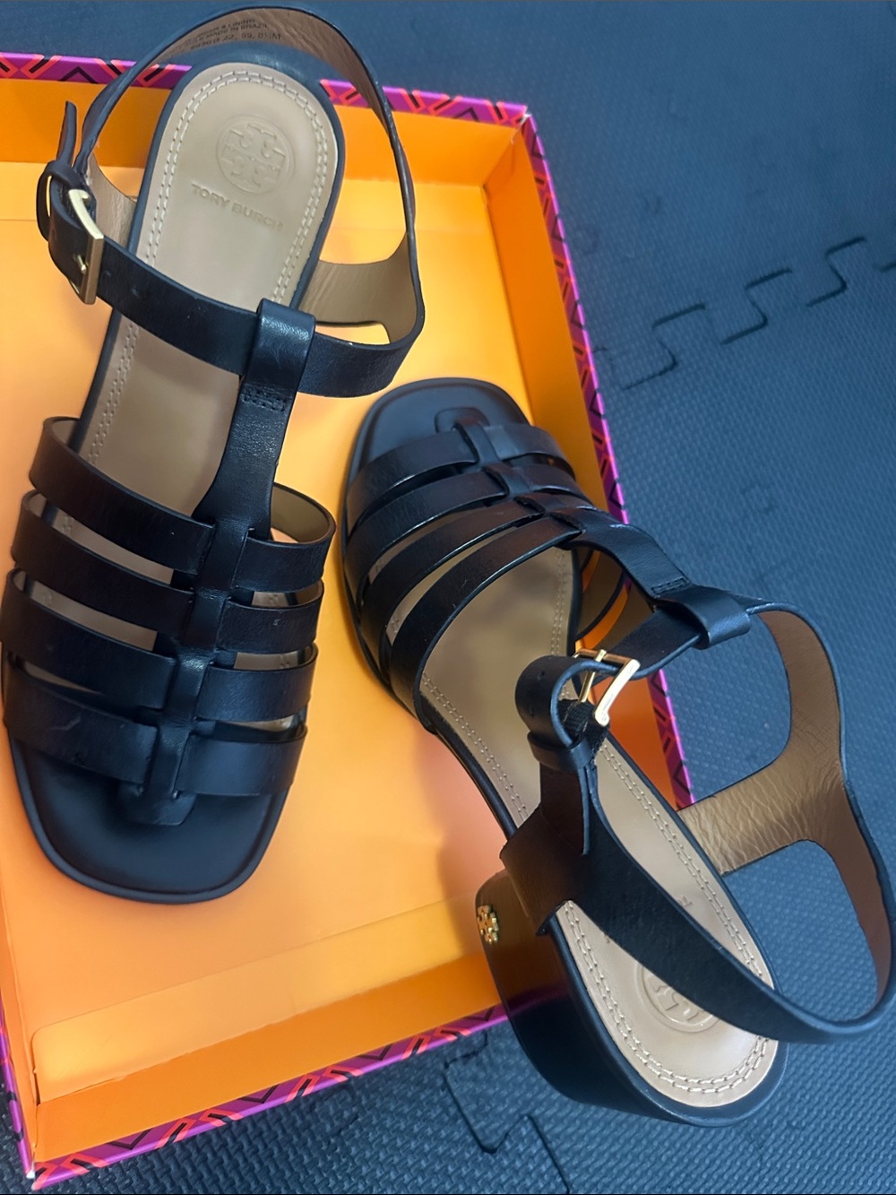 Tory Burch Black Leather Strappy Block Heel Sandals - Picture 2 of 3